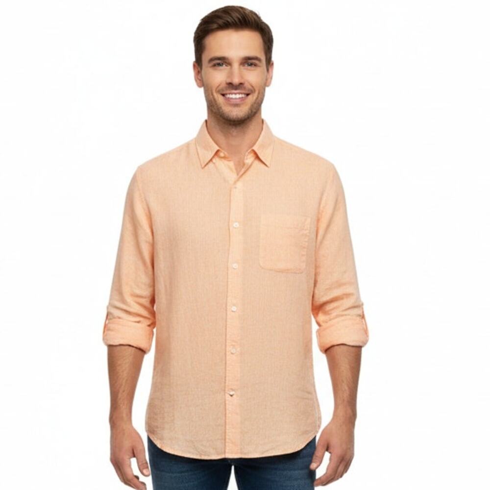 Caribbean Shirt Mens Large Orange Hawaiian Button Up Short Sleeve Linen Blend